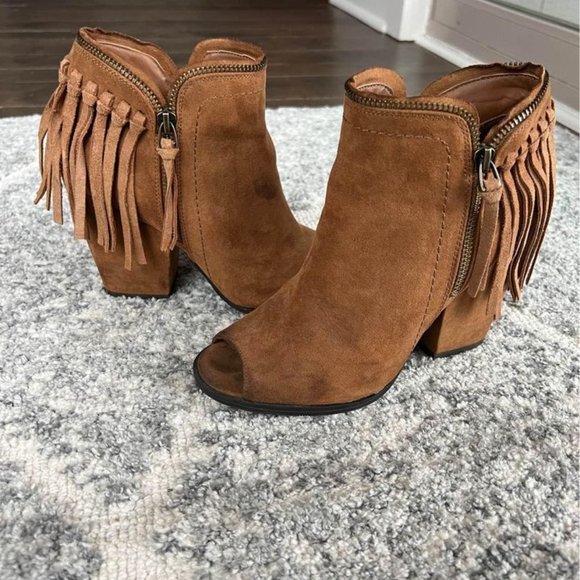Suede Fringe Booties with Open Toe Size 7.5 - Picture 1 of 2